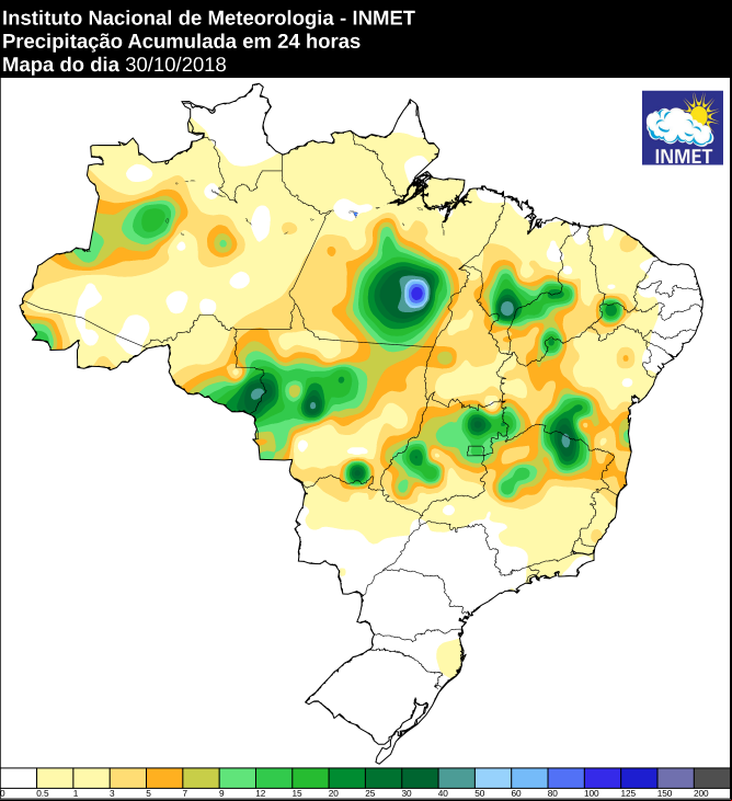 Mapa das áreas com precipitação acumulada nas últimas 24 horas em todo o Brasil - Fonte: Inmet