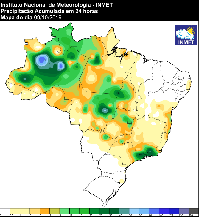 Mapa de precipitação acumulada das últimas 24 horas em todo o Brasil - Fonte: Inmet