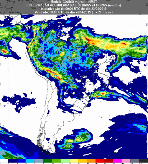 Mapa com a previsão de precipitação acumulada para até 93 horas (24/04 a 26/04) em todo o Brasil - Fonte: Inmet