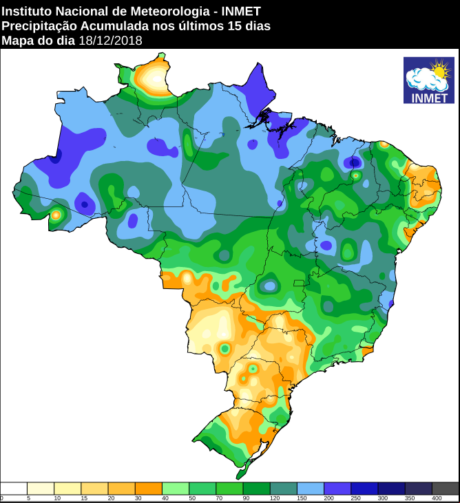 Mapa de precipitação acumulada nos últimos 15 dias em todo o Brasil - Fonte: Inmet