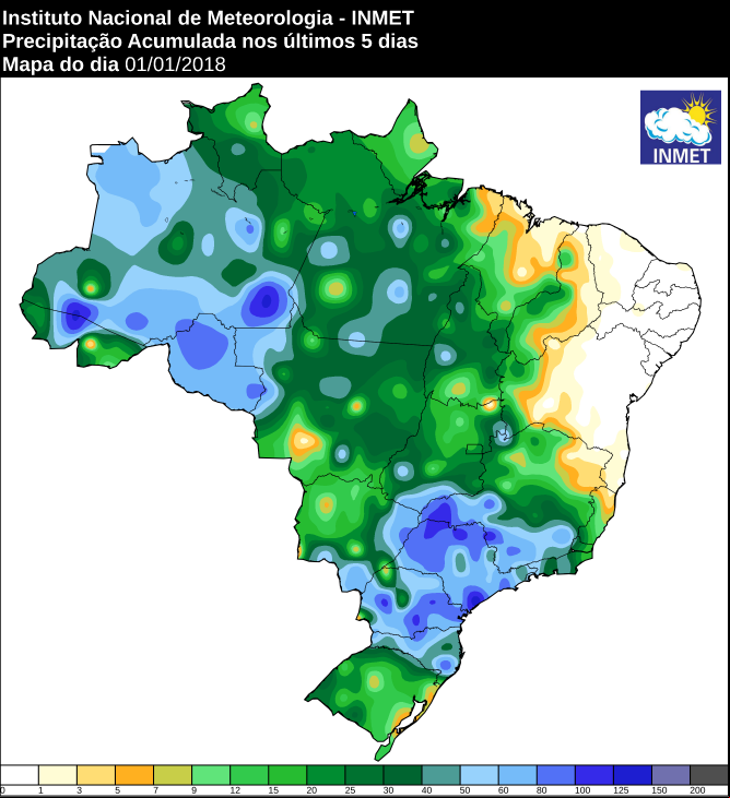 Mapa com a precipitação acumulada nos últimos cinco dias em todo o Brasil - Fonte: Inmet