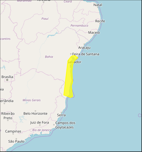 Mapa das áreas com previsão de altos acumulados nesta 4ª feira - Fonte: Inmet