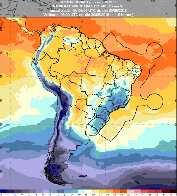 Mapa com a previsão de temperaturas mínimas para até 72 horas (31/05 a 02/06) em todo o Brasil - Fonte: Inmet