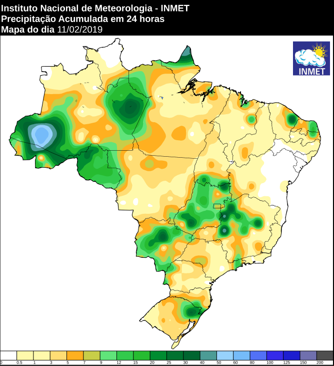 Mapa de precipitação acumulada nas últimas 24 horas em todo o Brasil - Fonte: Inmet