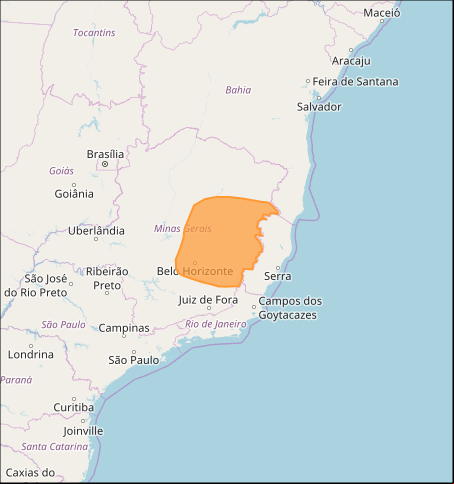 Mapa das áreas com alto acumulado chuva nesta 6ª feira / MG - Fonte: Inmet