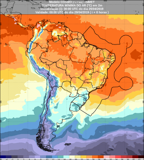 Mapa com a previsão de temperatura mínima para até 93 horas (29/04 a 02/05) em todo o Brasil - Fonte: Inmet