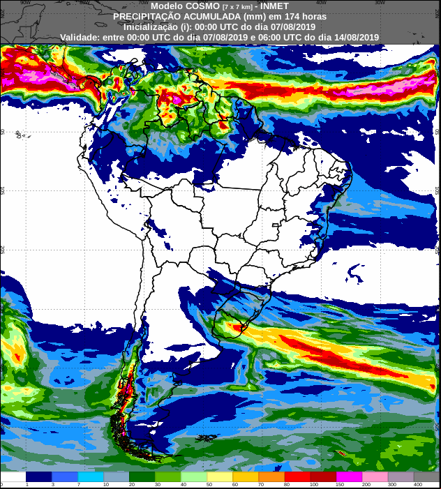 Mapa das áreas com a previsão de precipitação acumulada para os próximos 7 dias - Fonte: Inmet