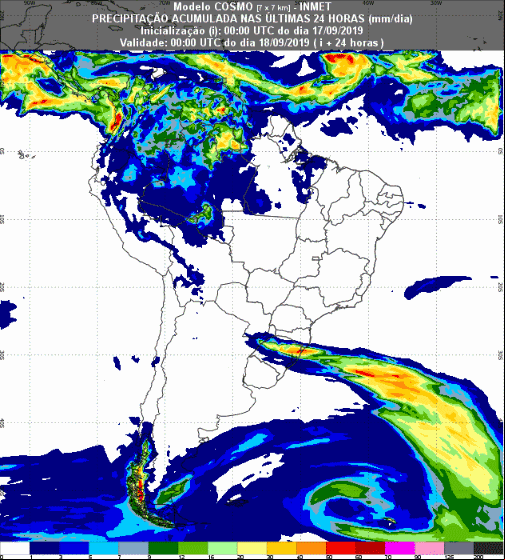 Mapa com a previsão de precipitação acumulada para até 93 horas (18/09 a 20/09) em todo o Brasil - Fonte: Inmet