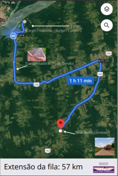 Extensão da fila de caminhões em Miritituba - Imagem: Grupo Roma Transportes/Reprodução