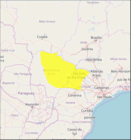 Mapa das áreas com previsão de temporais nesta 6ª feira e sábado / SP e MS - Fonte: Inmet