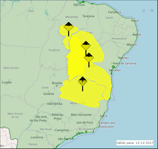 Mapa das áreas com alto acumulado nesta 4ª feira - Fonte: Inmet