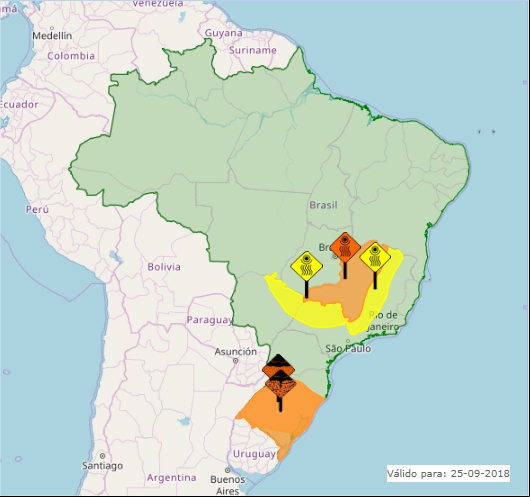 Mapa das áreas com avisos nesta terça-feira - Fonte: Inmet