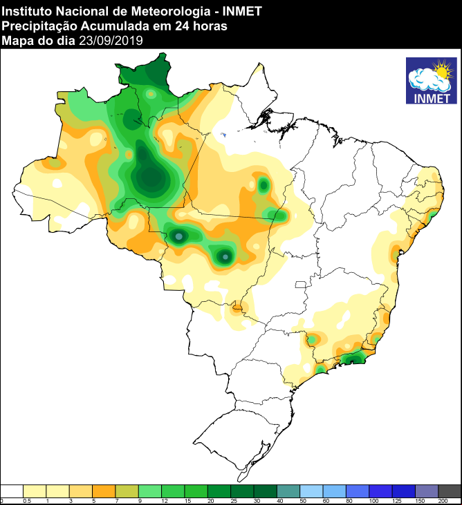 Mapa de precipitação acumulada das últimas 24 horas em todo o Brasil - Fonte: Inmet