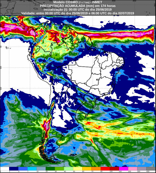 Mapa das áreas com a previsão de precipitação acumulada para os próximos 7 dias - Fonte: Inmet
