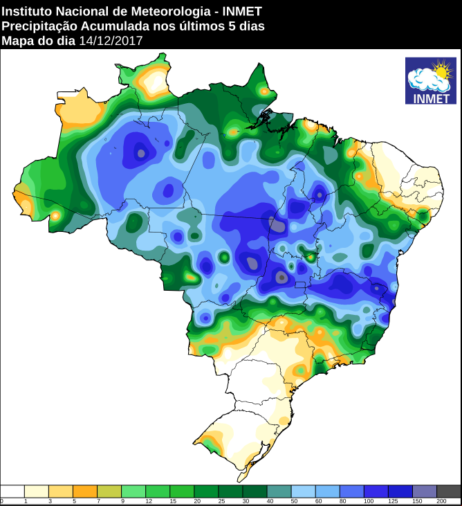 Mapa de precipitação acumulado dos últimos cinco dias em todo o Brasil - Fonte: Inmet