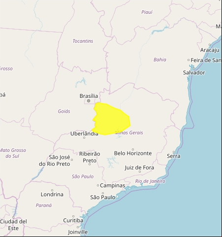 Mapa das áreas com previsão de chuvas intensas nesta quarta-feira - Fonte: Inmet