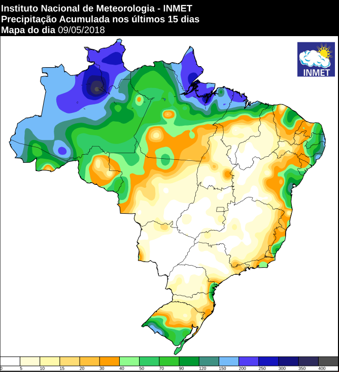 Mapa com precipitação acumulada nos últimos 15 dias em todo o Brasil - Fonte: Inmet