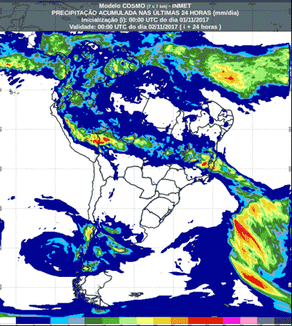 Mapa com a previsão de precipitação acumulada para até 174 horas (02/11 a 08/11) para todo o Brasil - Fonte: Inmet