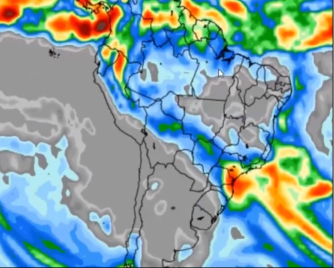 Mapa com a previsão de chuvas no Brasil na semana entre 22 e 28 de maio: - Fonte: Somar