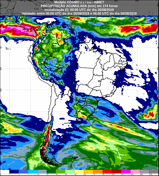 Mapa de precipitação acumulada para os próximos 7 dias em todo o Brasil - Fonte: Inmet