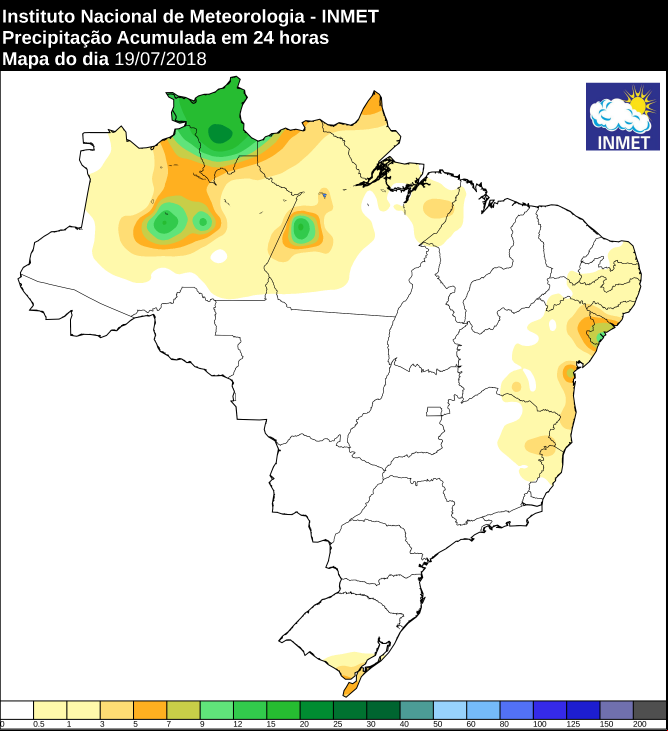 Mapa das áreas com precipitação acumulada nas últimas 24 horas em todo o Brasil - Fonte: Inmet