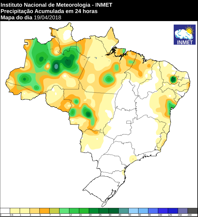 Mapa com precipitação acumulada nas últimas 24 horas em todo o Brasil - Fonte: Inmet