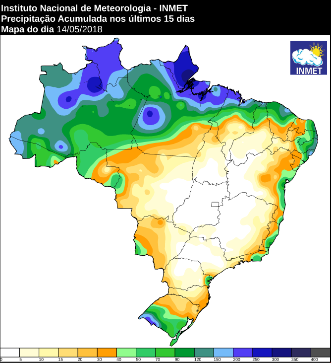 Mapa com precipitação acumulada nos últimos 15 dias em todo o Brasil - Fonte: Inmet