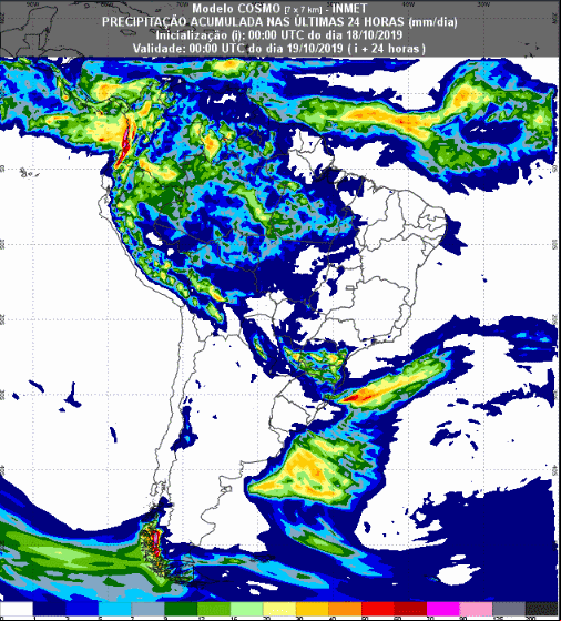 Mapa com a previsão de precipitação acumulada para até 93 horas (19/10 a 21/10) em todo o Brasil - Fonte: Inmet