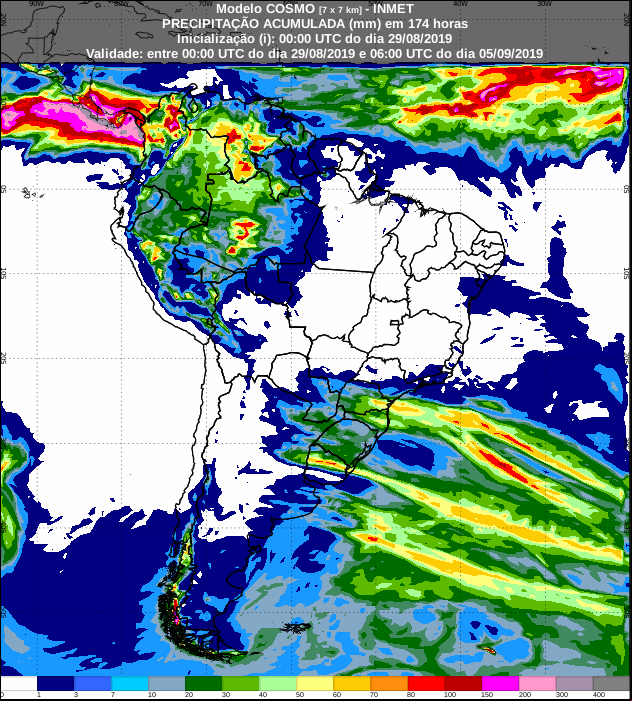 Mapa de precipitação acumulada para os próximos 7 dias em todo o Brasil - Fonte: Inmet