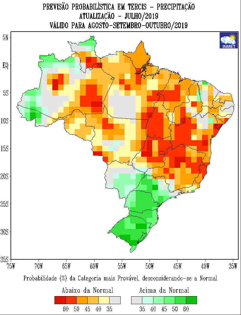 Mapa de previsão probabilística de precipitação do Inmet para agosto, setembro e outubro - Fonte: Inmet