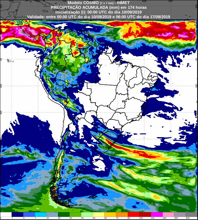 Mapa de precipitação acumulada para os próximos sete dias em todo o Brasil - Fonte: Inmet