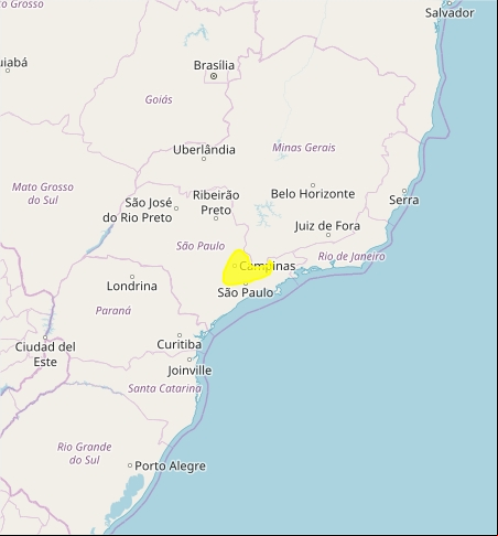 Mapa das áreas com previsão de chuvas intensas nesta quarta-feira - Fonte: Inmet