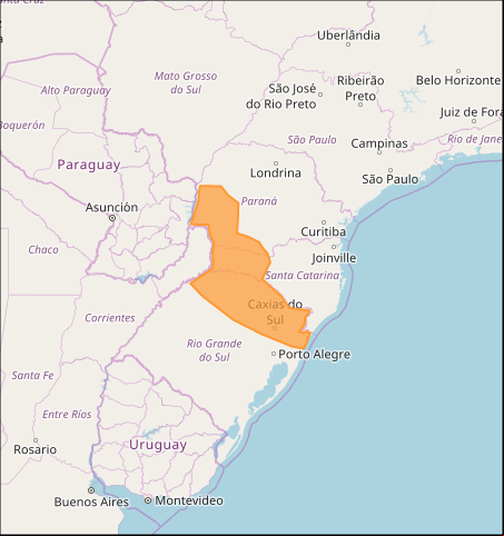 Mapa das áreas com previsão de tempestade nesta 2ª feira / Sul - Fonte: Inmet