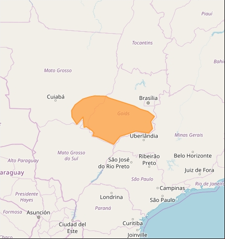 Mapa das áreas com previsão de baixa umidade nesta 4ª feira no Centro-Oeste - Fonte: Inmet