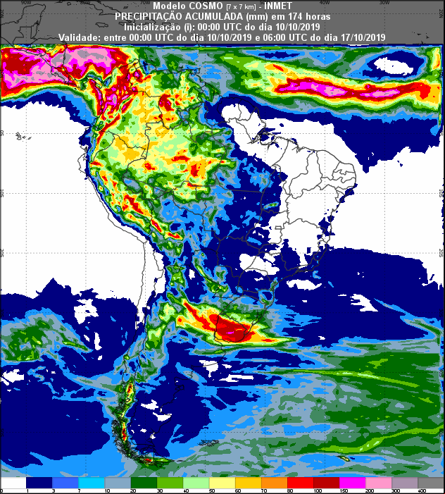 Mapa de precipitação acumulada nos próximos 7 dias em todo o Brasil - Fonte: Inmet
