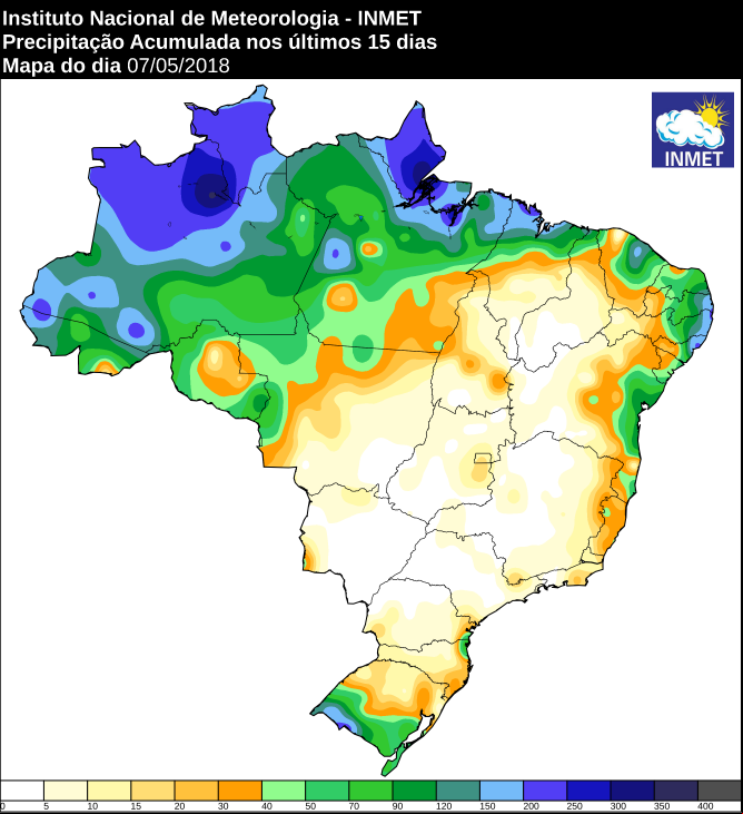 Mapa com precipitação acumulada nos últimos 15 dias em todo o Brasil - Fonte: Inmet