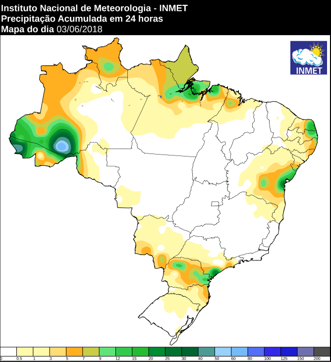 Mapa das áreas com precipitação acumulada em todo o Brasil nas últimas 24 horas - Fonte: Inmet