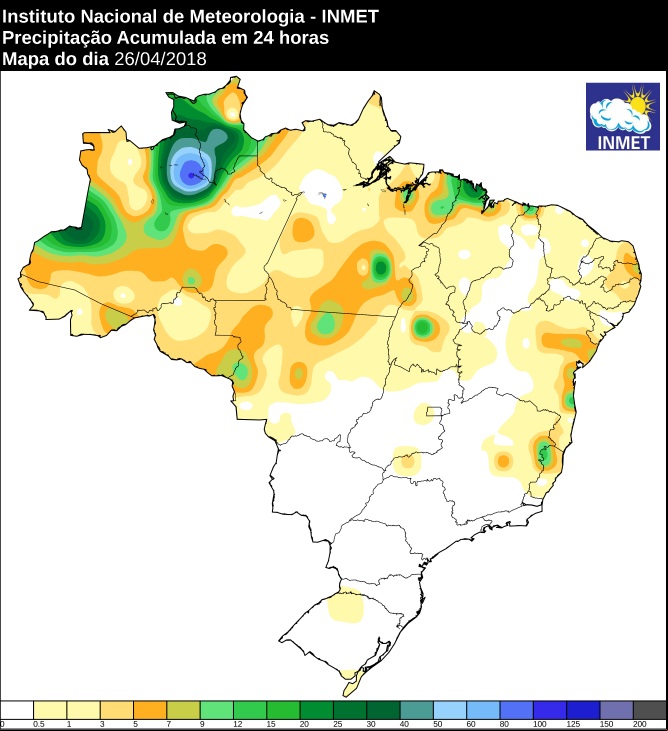Mapa com precipitação acumulada nas últimas 24 horas em todo o Brasil - Fonte: Inmet