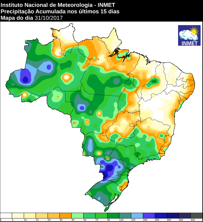 Mapa com a precipitação acumulada nos últimos dez dias para todo o Brasil - Fonte: Inmet