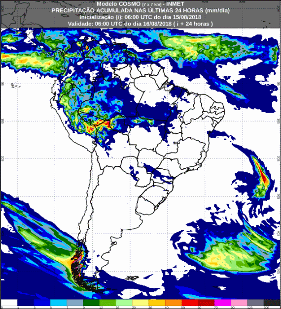 Mapa com a previsão de precipitação acumulada para até 72 horas (16/08 a 18/08) em todo o Brasil - Fonte: Inmet