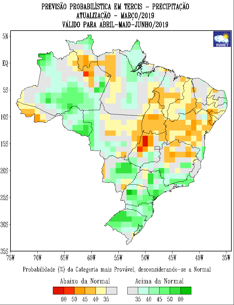 Mapa de previsão probabilística para todo o Brasil em abril, maio e junho - Fonte: Inmet