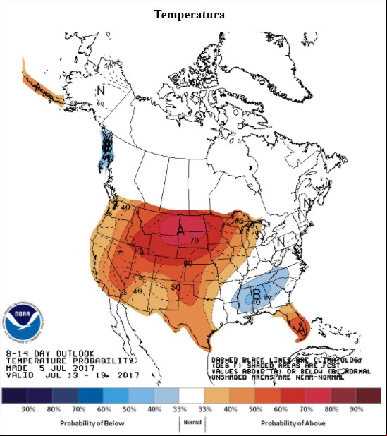 Temperaturas nos EUA nos próximos 8 a 14 dias - Fonte: NOAA