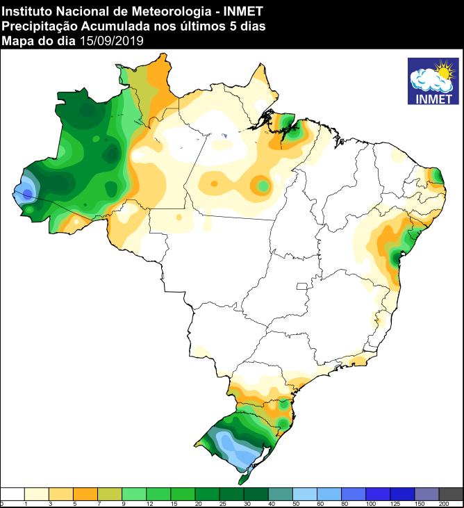 Mapa de precipitação acumulada dos últimos 5 dias em todo o Brasil - Fonte: Inmet