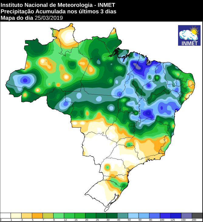 Mapa de precipitação acumulada nos últimos 3 dias no Brasil - Fonte: Inmet