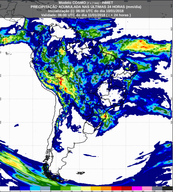 Mapa com a previsão de precipitação acumulada para até 72 horas (10/12 a 12/01) para todo o Brasil - Fonte: Inmet