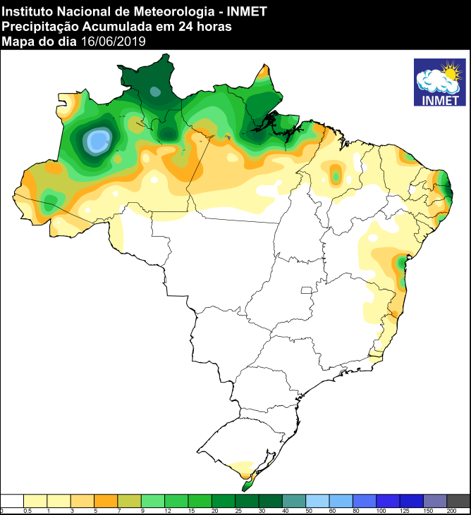 Mapa de precipitação acumulada nas últimas 24 horas - Fonte: Inmet