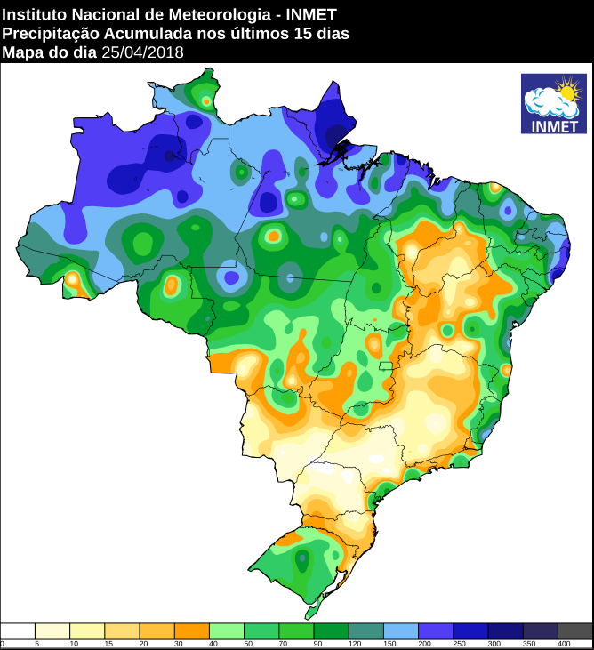 Mapa com precipitação acumulada nos últimos 15 dias em todo o Brasil - Fonte: Inmet