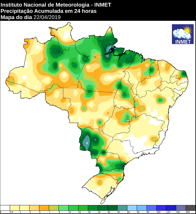 Mapa das áreas com precipitação acumulada nas últimas 24 horas -  Fonte: Inmet
