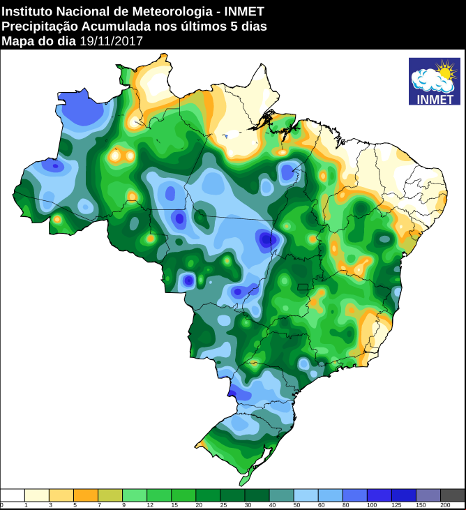 mapa com a precipitação acumulada nos últimos 5 dias em todo o Brasil 20/11/2017 - Fonte: Inmet
