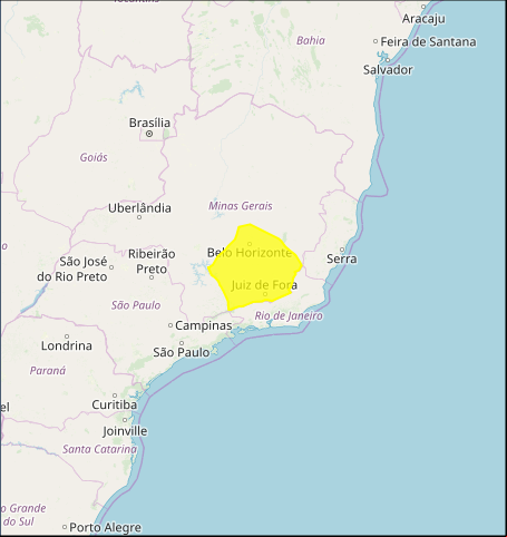 Mapa das áreas com alerta de tempestade nesta 3ª feira - Fonte: Inmet